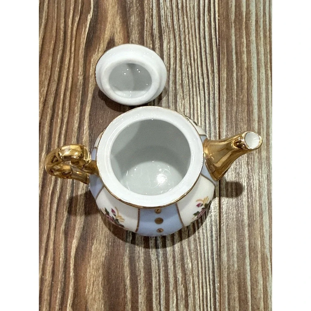 Miniature Blue and White w/ Pink Rose Design, Gold Trim Porcelain Teapot 3